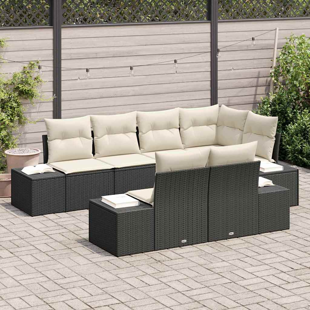 Garten-Sofa-Set mit Kissen mit Speicher 7 pcs Schwarz und Creme